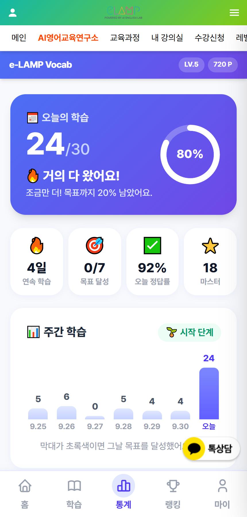 보카 앱 통계 — 주간 학습 그래프 · 정답률